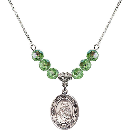 Sterling Silver Saint Jadwiga of Poland Birthstone Necklace with Peridot Beads - 8434