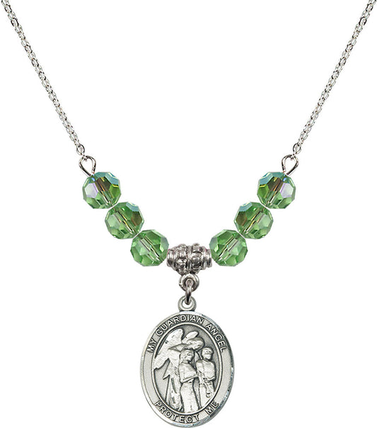 Sterling Silver Guardian Angel w/Children Birthstone Necklace with Peridot Beads - 8439