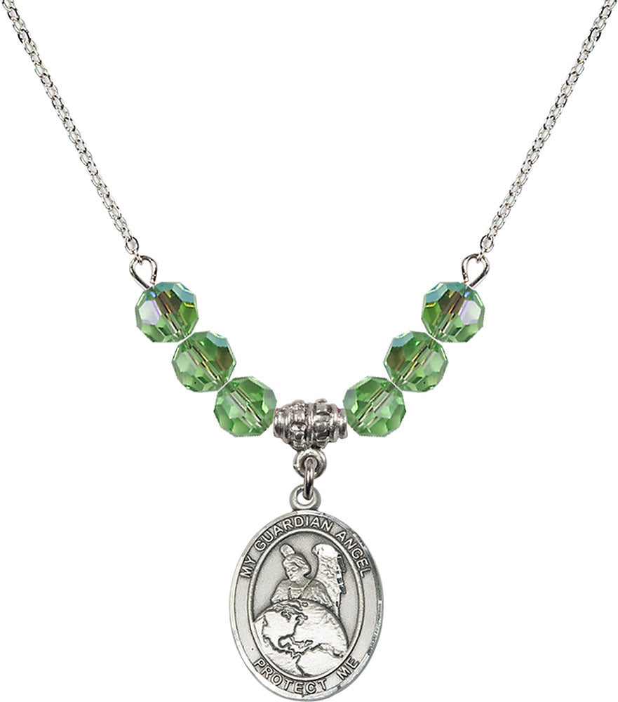 Sterling Silver Guardian Angel Protector Birthstone Necklace with Peridot Beads - 8440