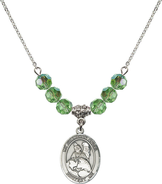 Sterling Silver Guardian Angel Protector Birthstone Necklace with Peridot Beads - 8440