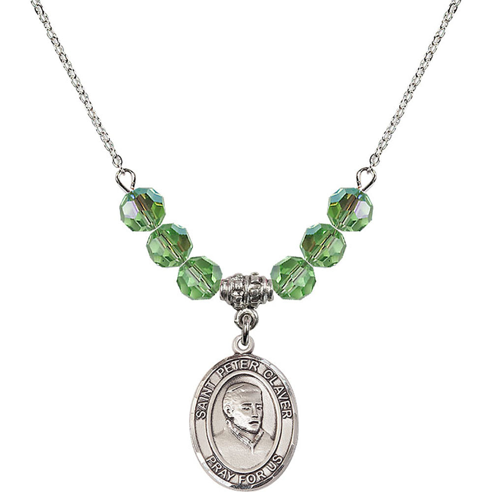Sterling Silver Saint Peter Claver Birthstone Necklace with Peridot Beads - 8442