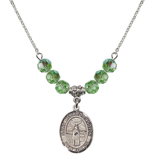 Sterling Silver Saint Medard of Noyon Birthstone Necklace with Peridot Beads - 8444