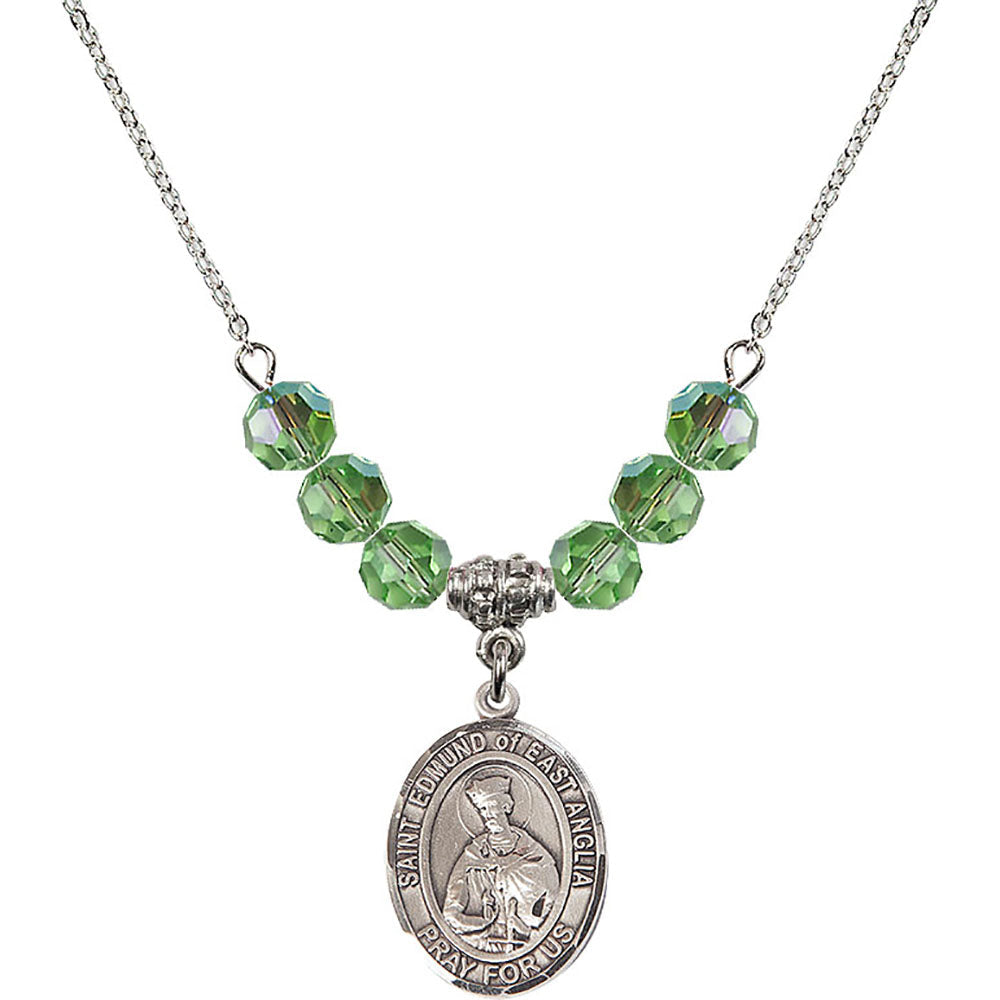 Sterling Silver Saint Edmund of East Anglia Birthstone Necklace with Peridot Beads - 8445