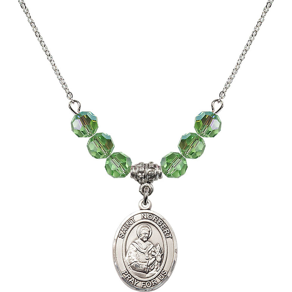 Sterling Silver Saint Norbert of Xanten Birthstone Necklace with Peridot Beads - 8447