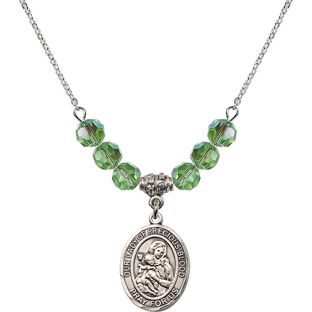Sterling Silver Our Lady of the Precious Blood Birthstone Necklace with Peridot Beads - 8448