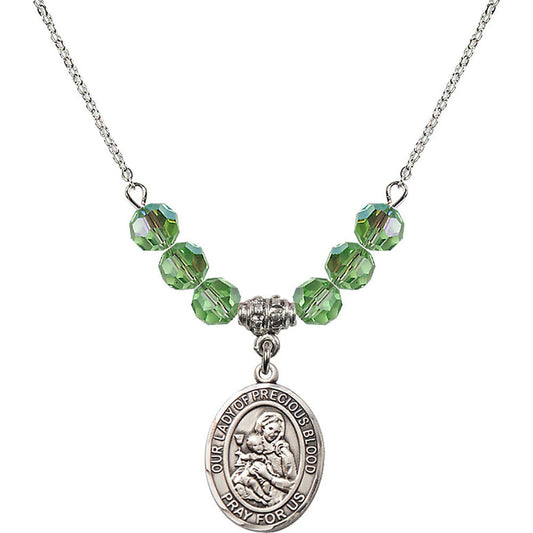 Sterling Silver Our Lady of the Precious Blood Birthstone Necklace with Peridot Beads - 8448