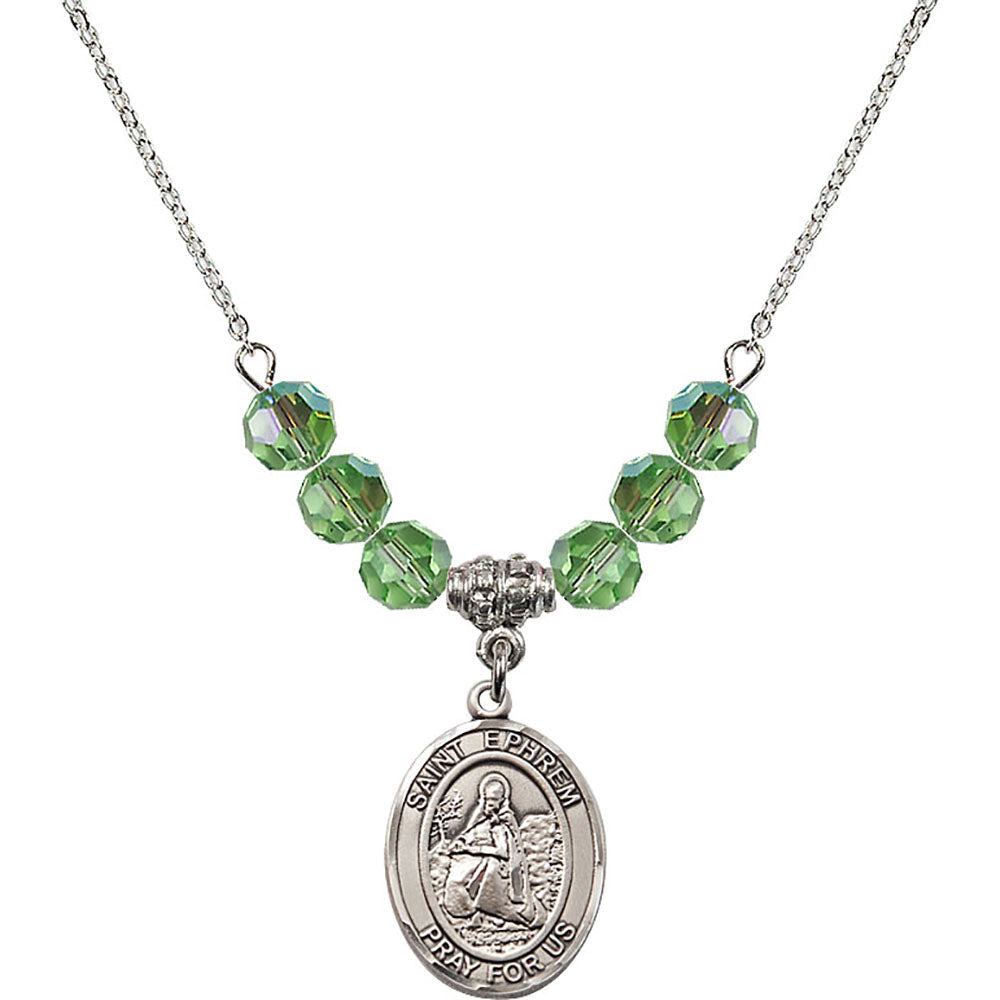 Sterling Silver Saint Ephrem Birthstone Necklace with Peridot Beads - 8449