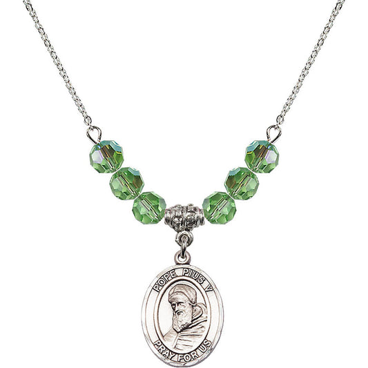 Sterling Silver Saint Pius V Birthstone Necklace with Peridot Beads - 8452