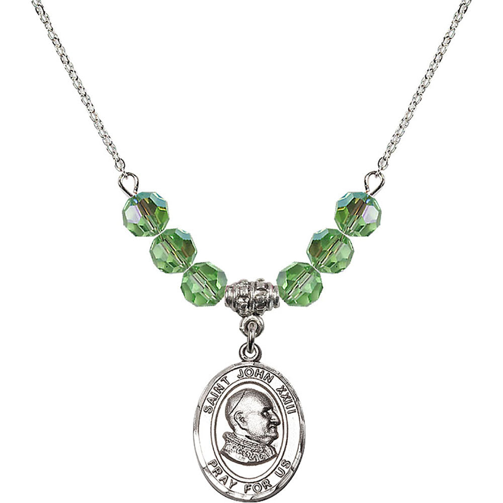 Sterling Silver Saint John XXIII Birthstone Necklace with Peridot Beads - 8455