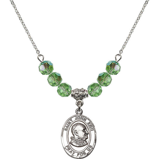 Sterling Silver Saint John XXIII Birthstone Necklace with Peridot Beads - 8455