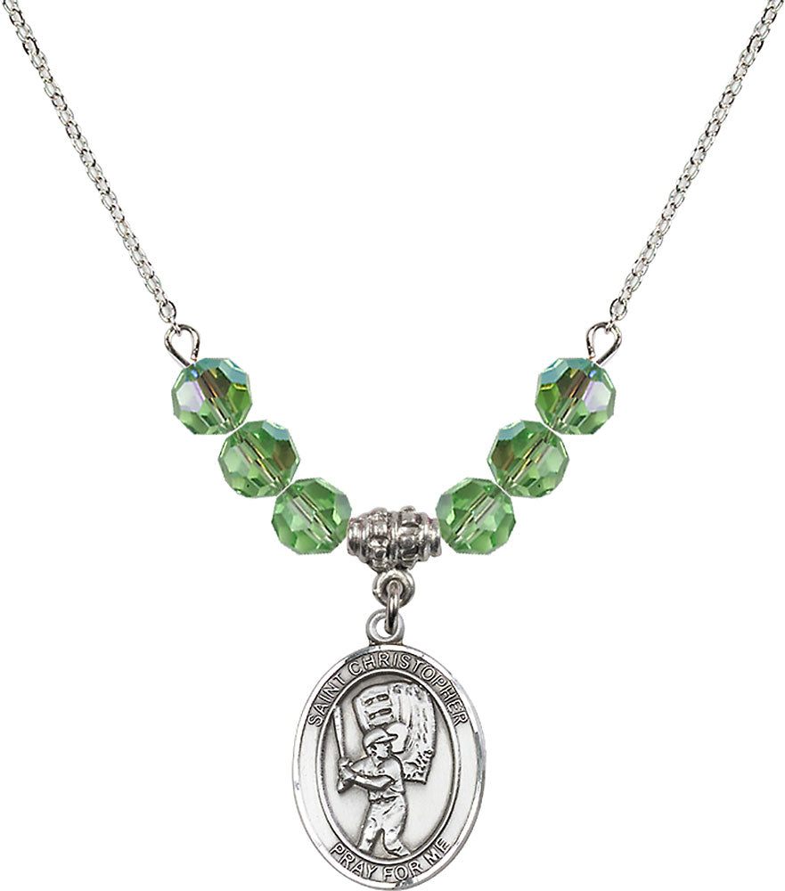 Sterling Silver Saint Christopher/Baseball Birthstone Necklace with Peridot Beads - 8500