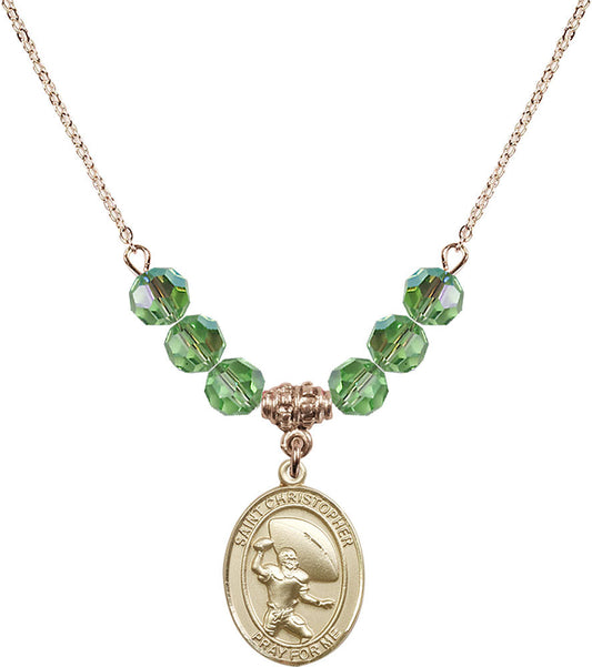 14kt Gold Filled Saint Christopher / Football Birthstone Necklace with Peridot Beads - 8501