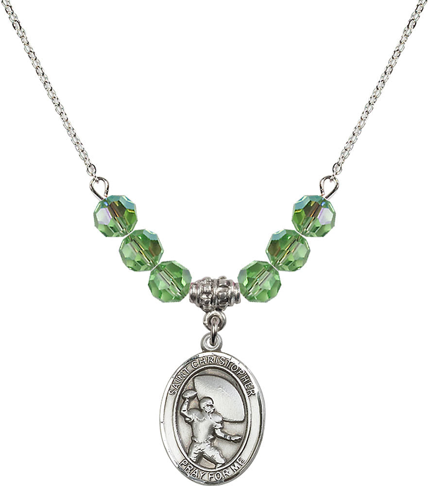 Sterling Silver Saint Christopher / Football Birthstone Necklace with Peridot Beads - 8501