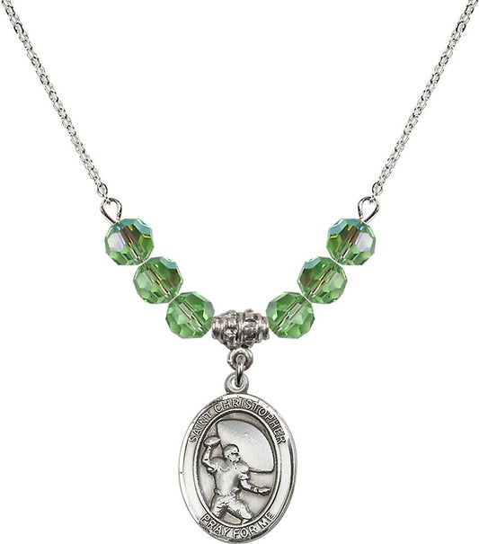 Sterling Silver Saint Christopher / Football Birthstone Necklace with Peridot Beads - 8501