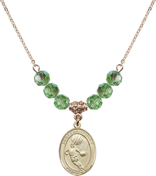 14kt Gold Filled Saint Christopher/Basketball Birthstone Necklace with Peridot Beads - 8502