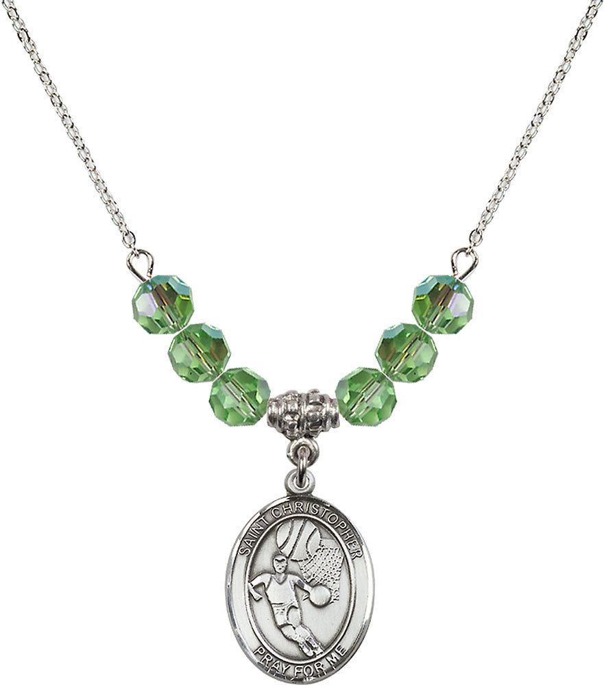 Sterling Silver Saint Christopher/Basketball Birthstone Necklace with Peridot Beads - 8502