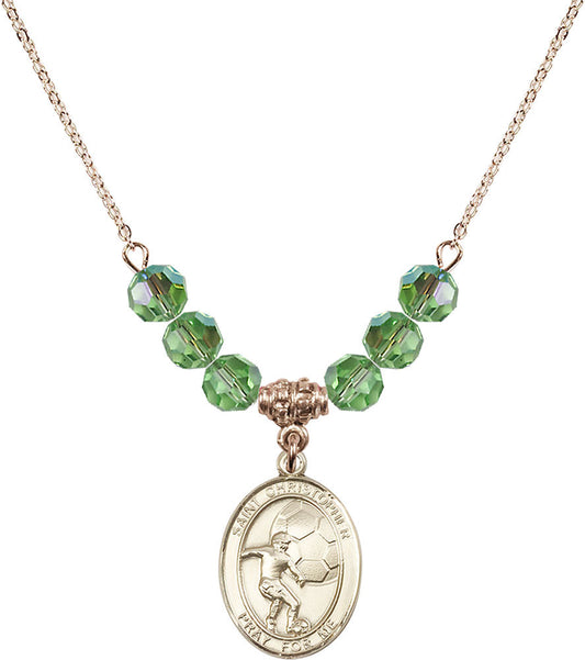 14kt Gold Filled Saint Christopher/Soccer Birthstone Necklace with Peridot Beads - 8503