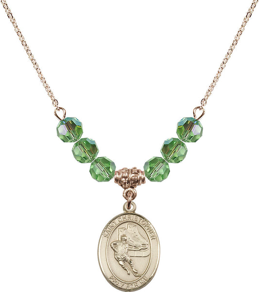 14kt Gold Filled Saint Christopher/Hockey Birthstone Necklace with Peridot Beads - 8504
