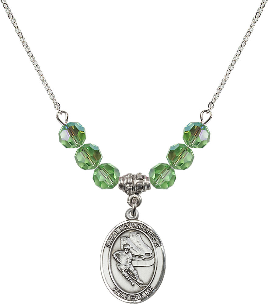 Sterling Silver Saint Christopher/Hockey Birthstone Necklace with Peridot Beads - 8504