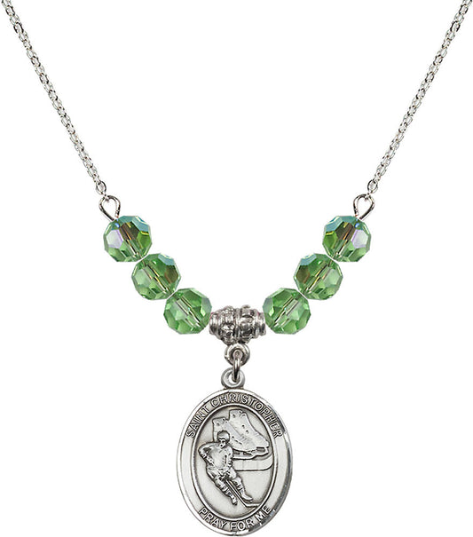 Sterling Silver Saint Christopher/Hockey Birthstone Necklace with Peridot Beads - 8504
