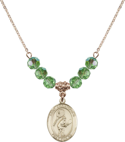 14kt Gold Filled Saint Christopher/Tennis Birthstone Necklace with Peridot Beads - 8505