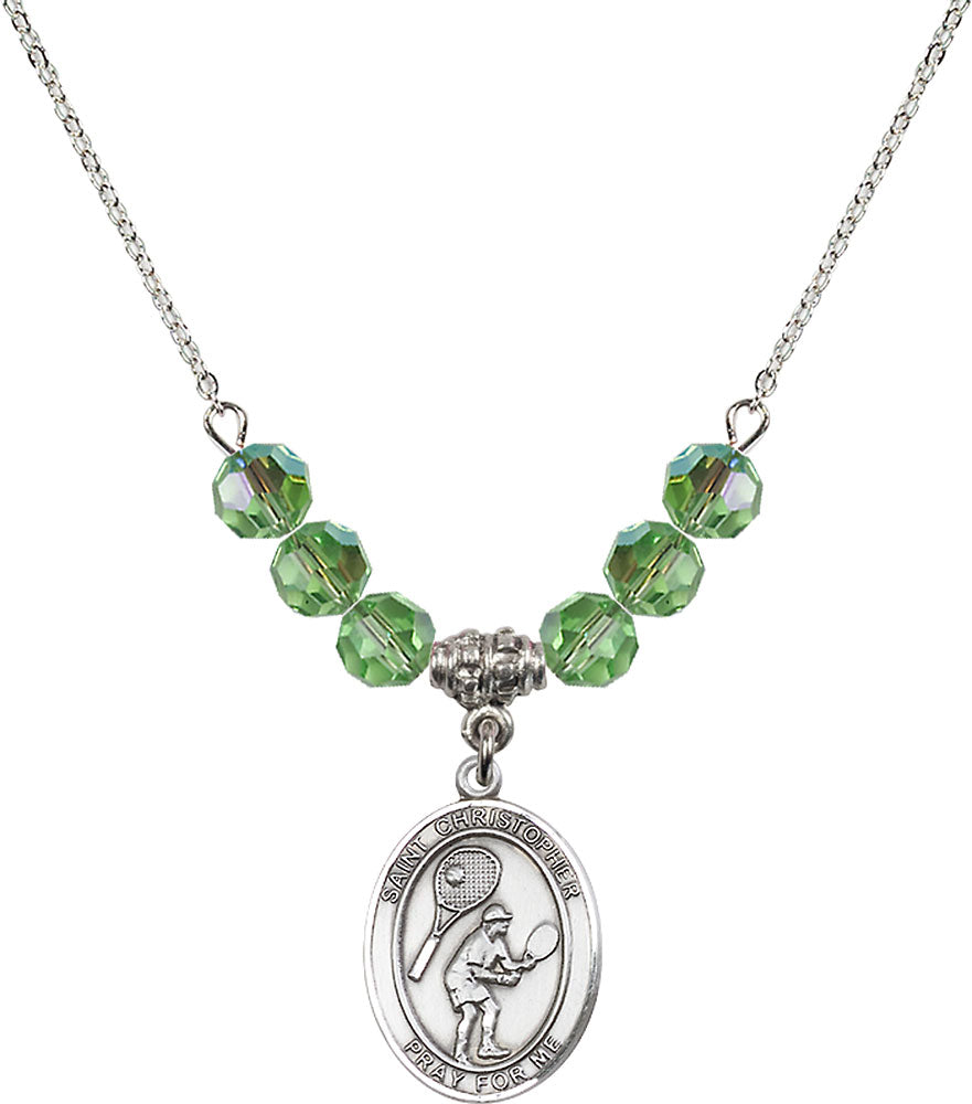 Sterling Silver Saint Christopher/Tennis Birthstone Necklace with Peridot Beads - 8505