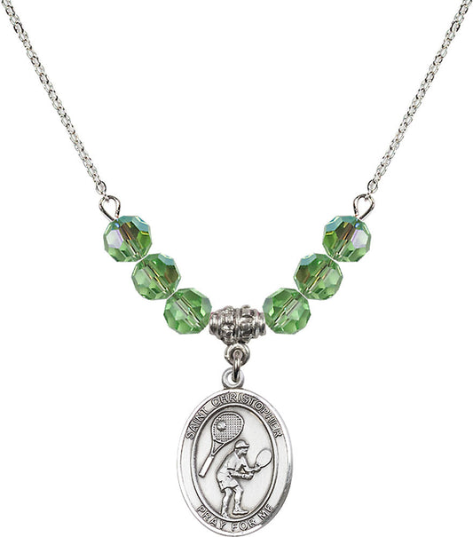 Sterling Silver Saint Christopher/Tennis Birthstone Necklace with Peridot Beads - 8505