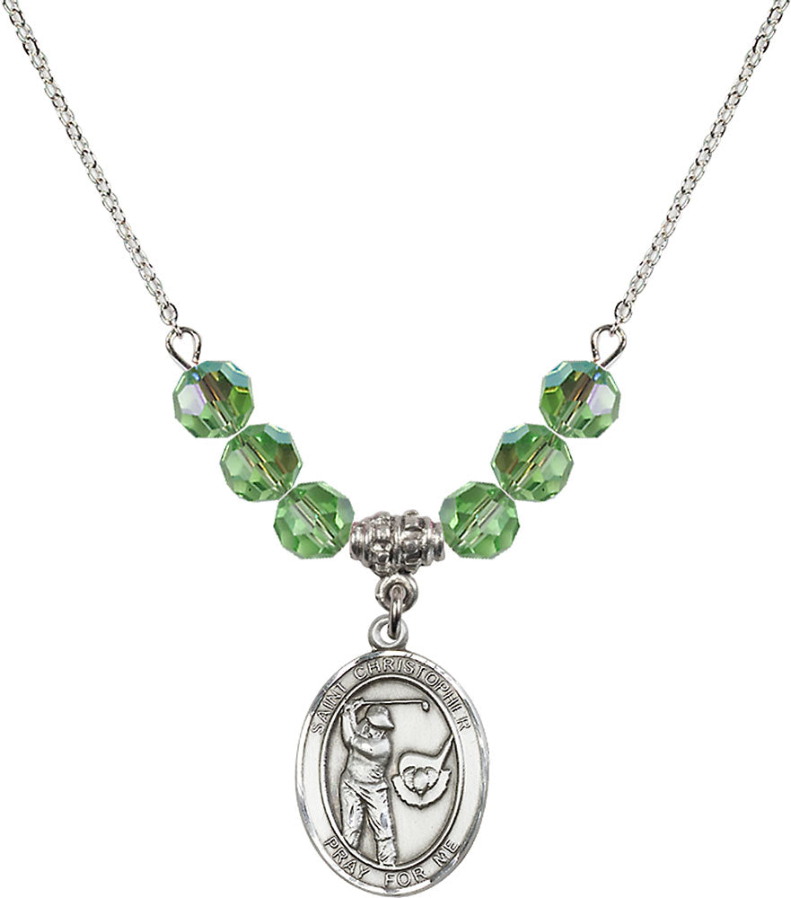 Sterling Silver Saint Christopher/Golf Birthstone Necklace with Peridot Beads - 8506
