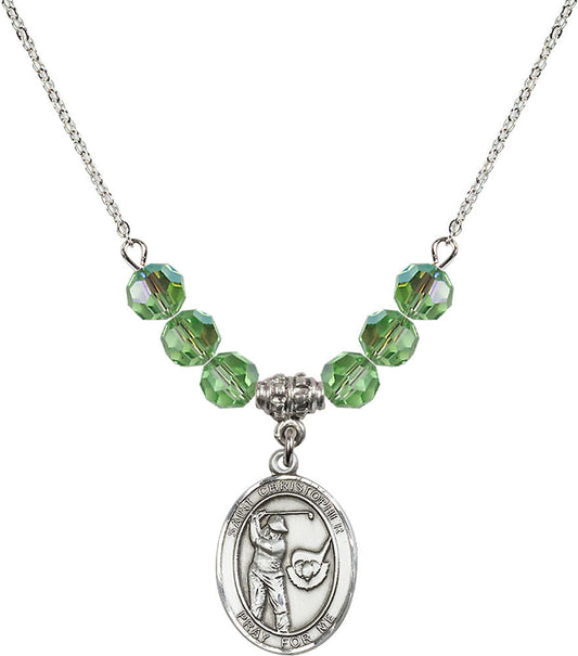 Sterling Silver Saint Christopher/Golf Birthstone Necklace with Peridot Beads - 8506