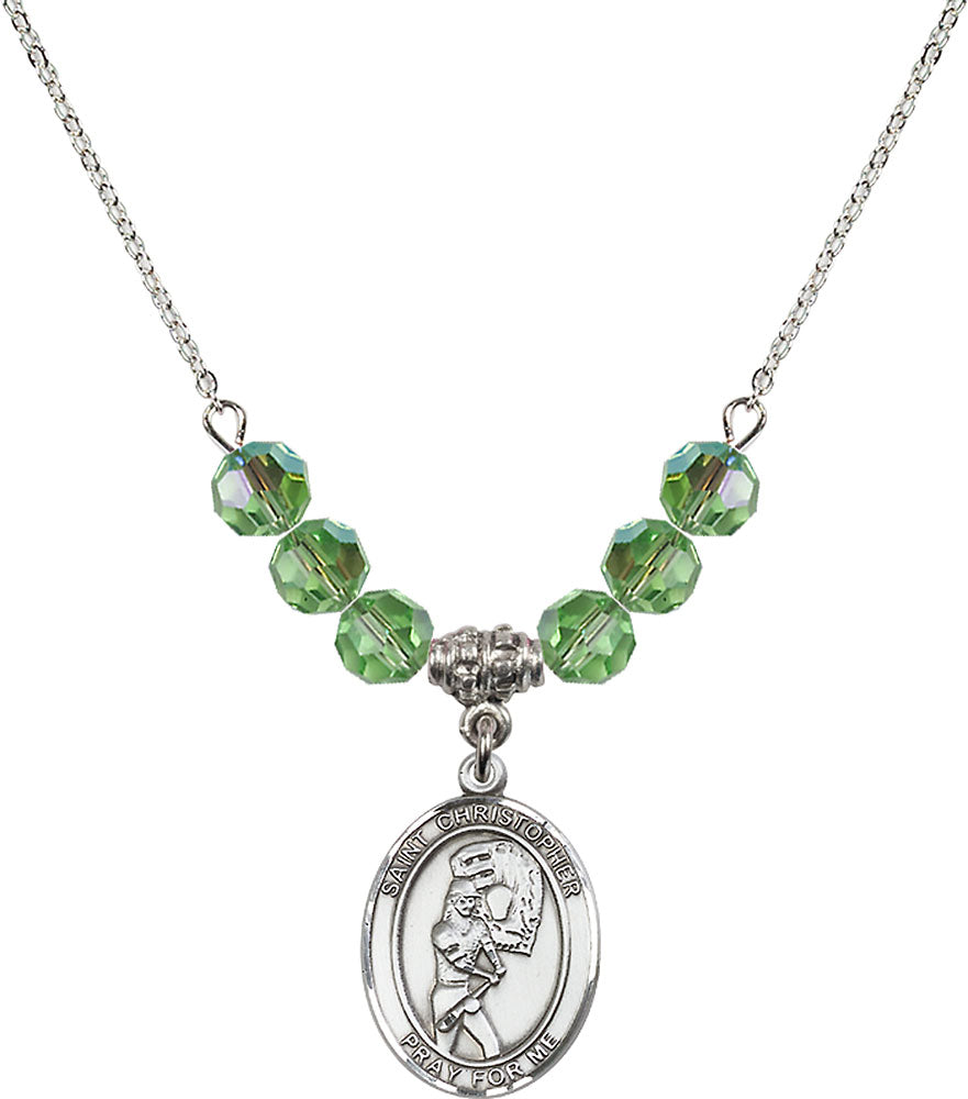 Sterling Silver Saint Christopher/Softball Birthstone Necklace with Peridot Beads - 8507