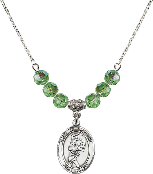 Sterling Silver Saint Christopher/Softball Birthstone Necklace with Peridot Beads - 8507