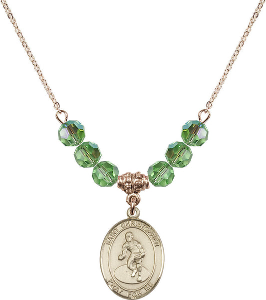 14kt Gold Filled Saint Christopher/Wrestling Birthstone Necklace with Peridot Beads - 8508