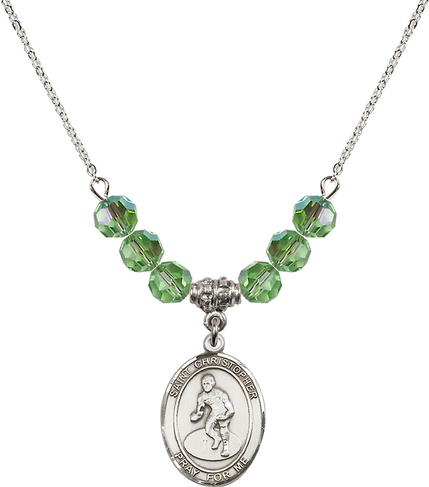 Sterling Silver Saint Christopher/Wrestling Birthstone Necklace with Peridot Beads - 8508