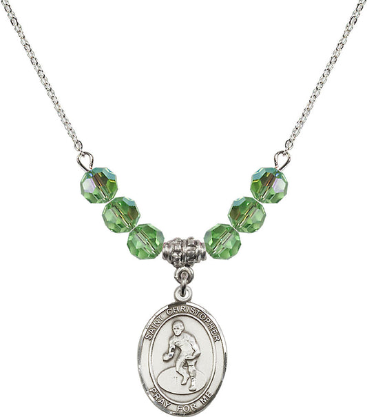 Sterling Silver Saint Christopher/Wrestling Birthstone Necklace with Peridot Beads - 8508