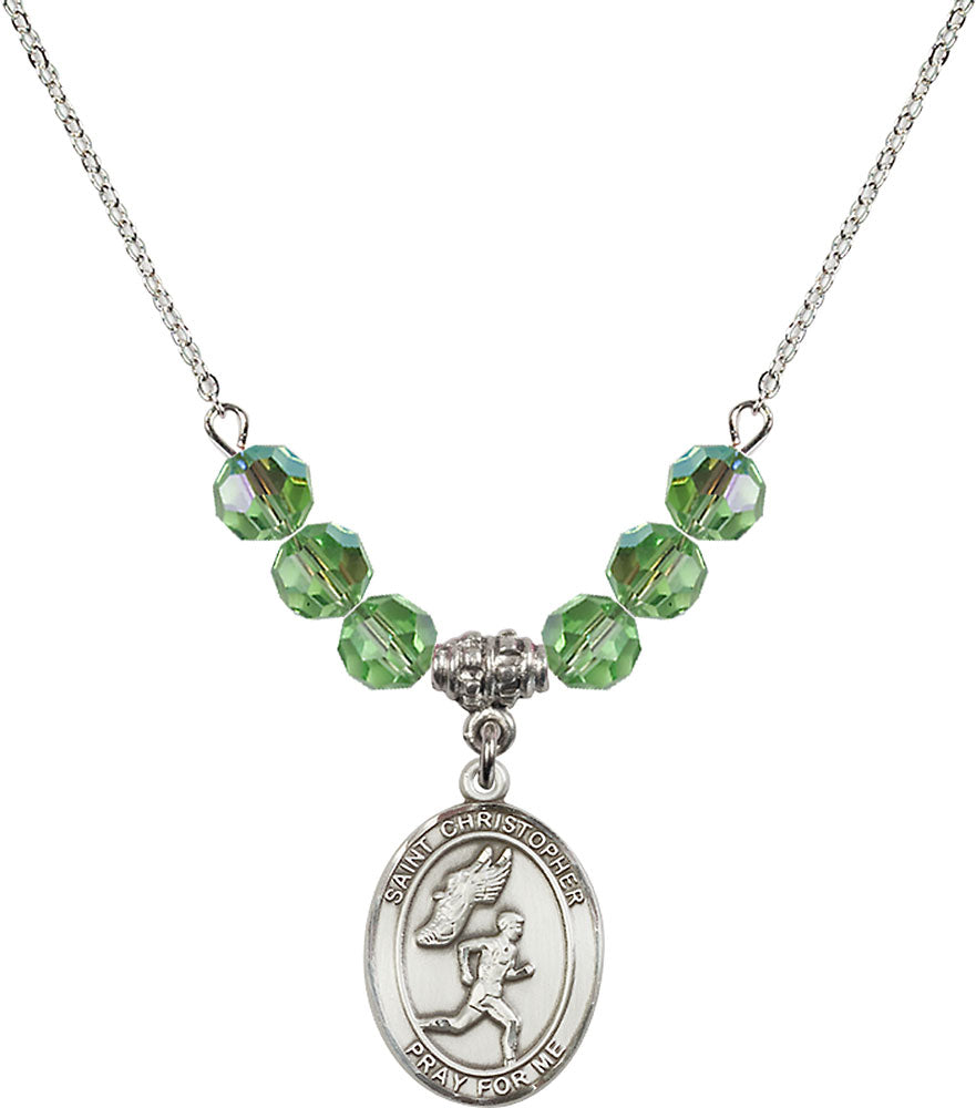 Sterling Silver Saint Christopher/Track&Field-Men Birthstone Necklace with Peridot Beads - 8509
