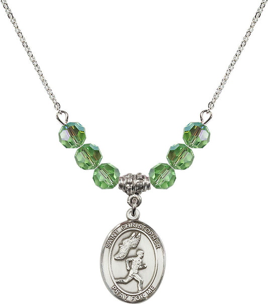 Sterling Silver Saint Christopher/Track&Field-Men Birthstone Necklace with Peridot Beads - 8509