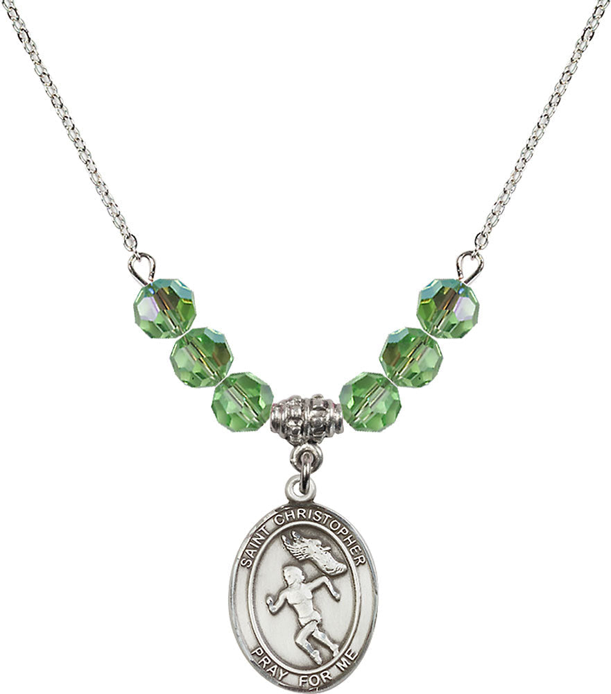 Sterling Silver Saint Christopher/Track&Field-Women Birthstone Necklace with Peridot Beads - 8510