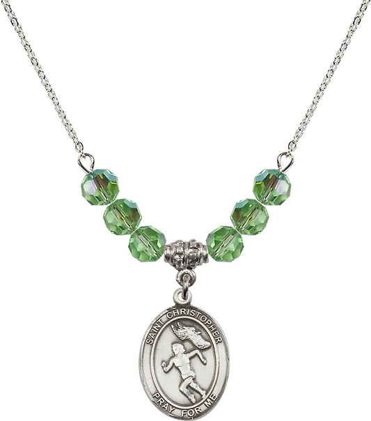 Sterling Silver Saint Christopher/Track&Field-Women Birthstone Necklace with Peridot Beads - 8510