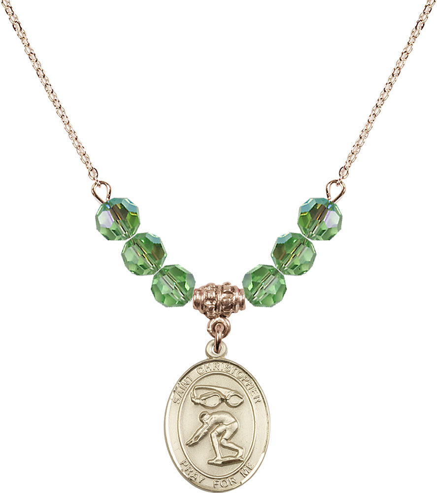 14kt Gold Filled Saint Christopher/Swimming Birthstone Necklace with Peridot Beads - 8511