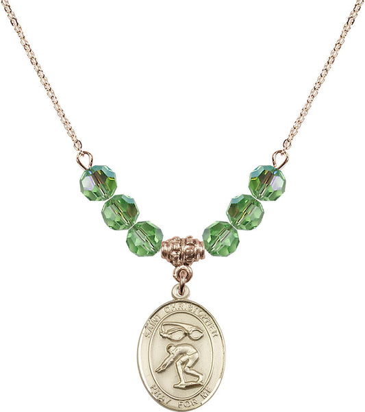 14kt Gold Filled Saint Christopher/Swimming Birthstone Necklace with Peridot Beads - 8511