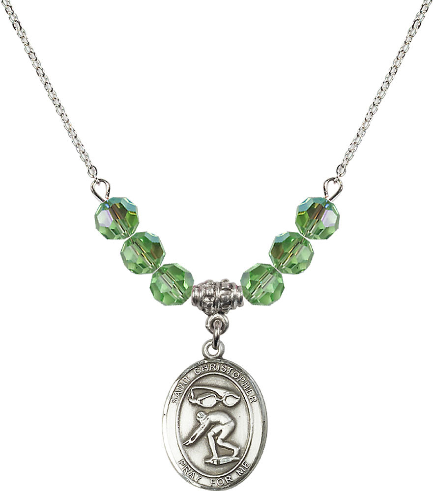 Sterling Silver Saint Christopher/Swimming Birthstone Necklace with Peridot Beads - 8511