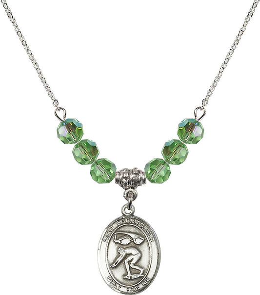 Sterling Silver Saint Christopher/Swimming Birthstone Necklace with Peridot Beads - 8511