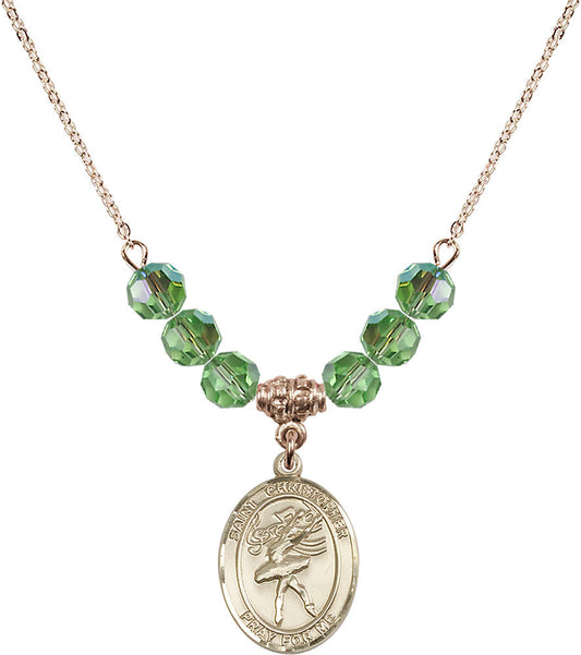 14kt Gold Filled Saint Christopher/Dance Birthstone Necklace with Peridot Beads - 8512