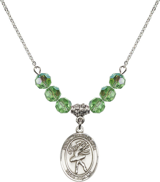 Sterling Silver Saint Christopher/Dance Birthstone Necklace with Peridot Beads - 8512