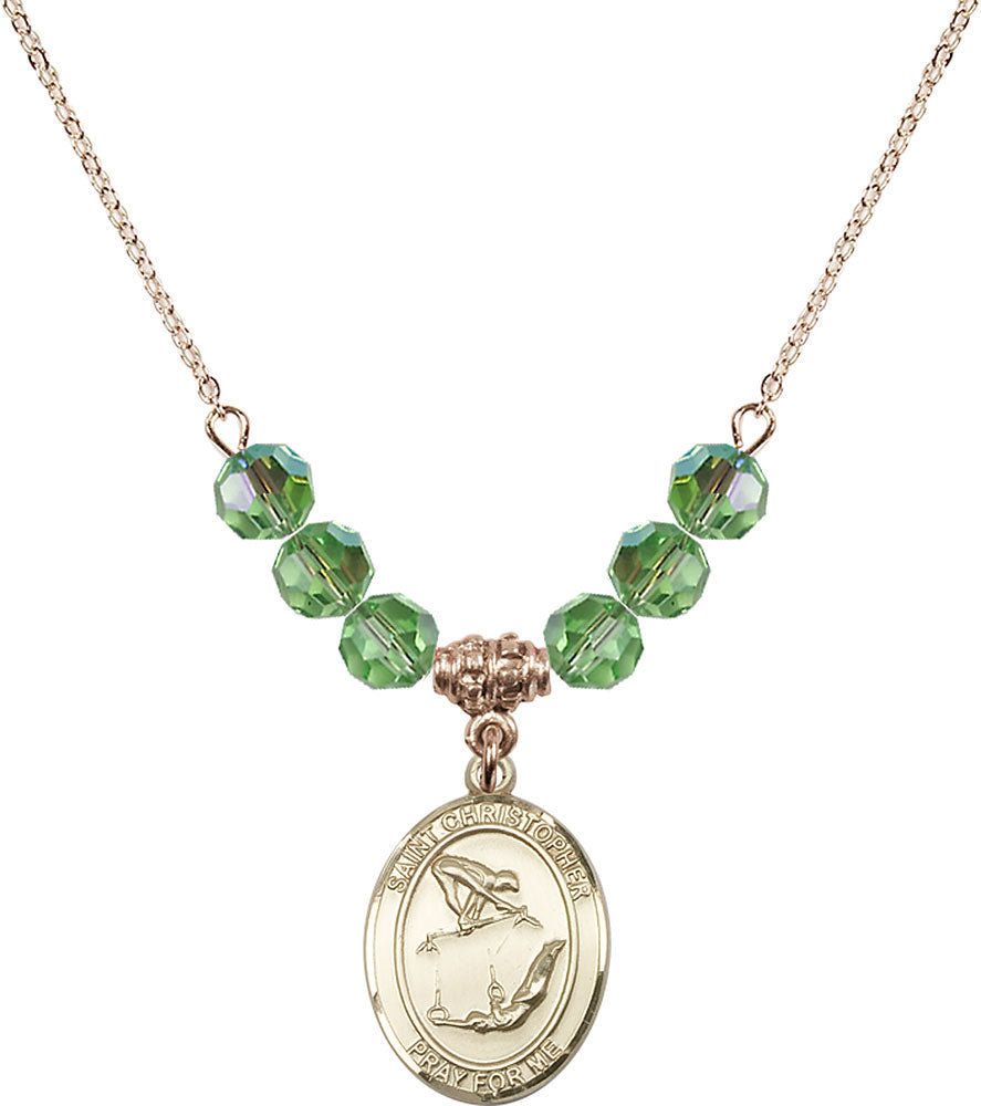 14kt Gold Filled Saint Christopher/Gymnastics Birthstone Necklace with Peridot Beads - 8513