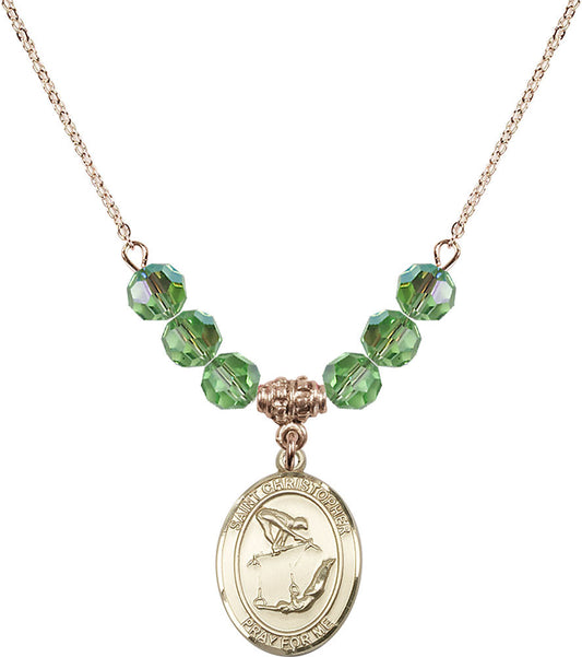 14kt Gold Filled Saint Christopher/Gymnastics Birthstone Necklace with Peridot Beads - 8513
