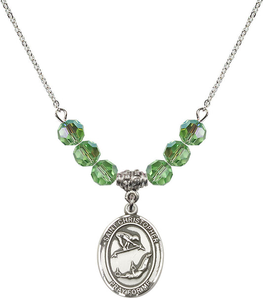 Sterling Silver Saint Christopher/Gymnastics Birthstone Necklace with Peridot Beads - 8513