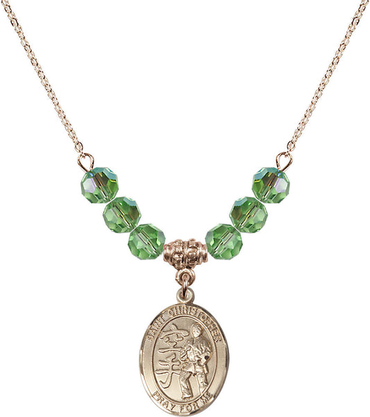 14kt Gold Filled Saint Christopher / Karate Birthstone Necklace with Peridot Beads - 8515