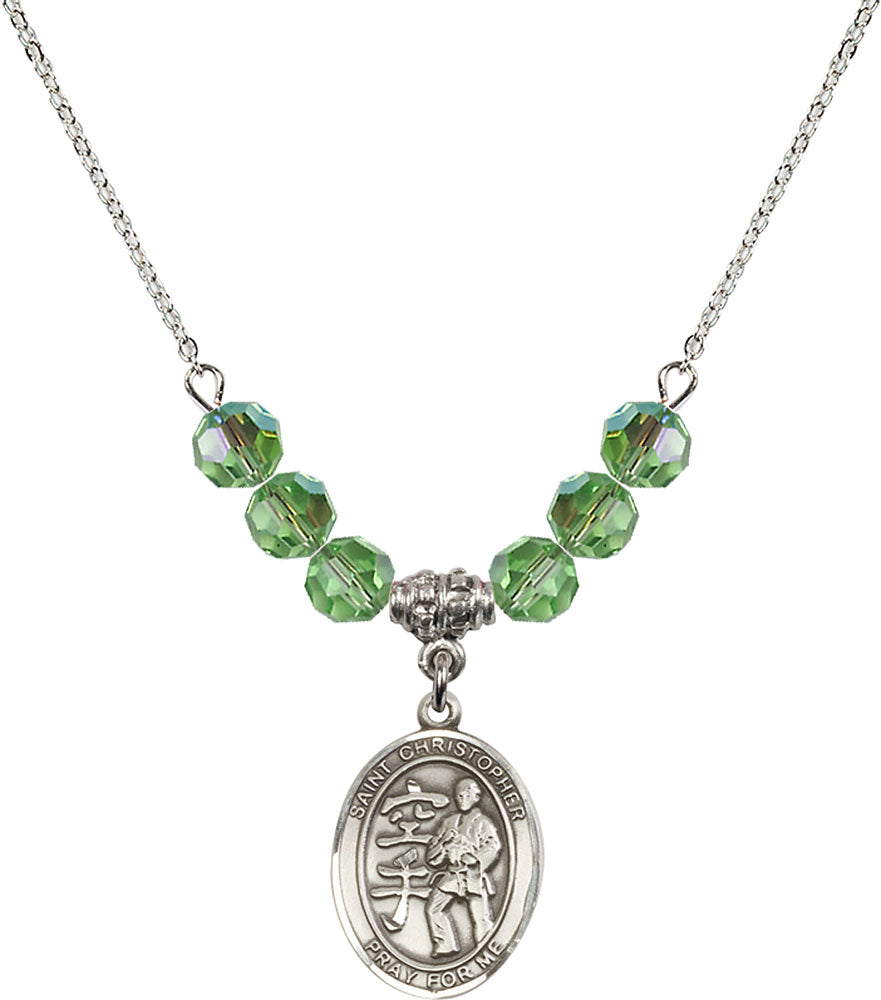 Sterling Silver Saint Christopher / Karate Birthstone Necklace with Peridot Beads - 8515