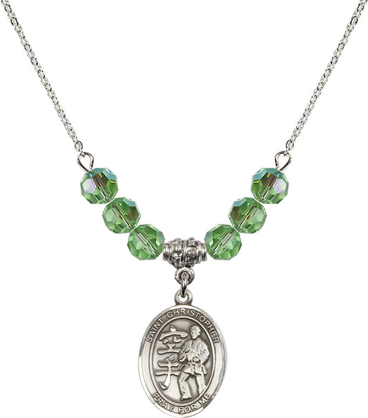 Sterling Silver Saint Christopher / Karate Birthstone Necklace with Peridot Beads - 8515
